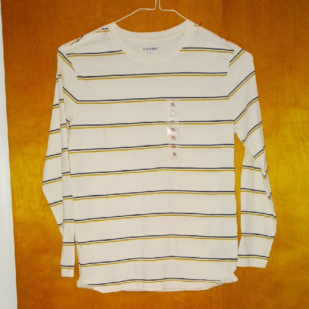 Old Navy Cream Shirt with Black and Yellow Stripes